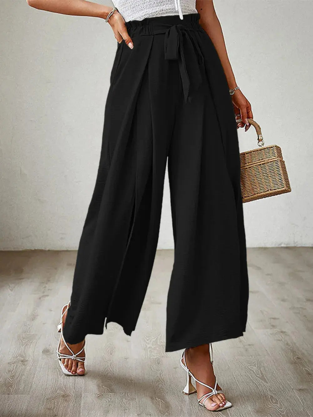 Tied Slit Wide Leg Pants.