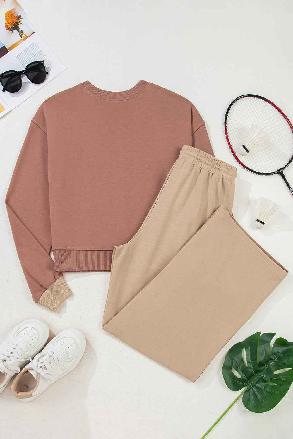 Khaki Color Block Long Sleeve Crop Top Drawstring Pant Set