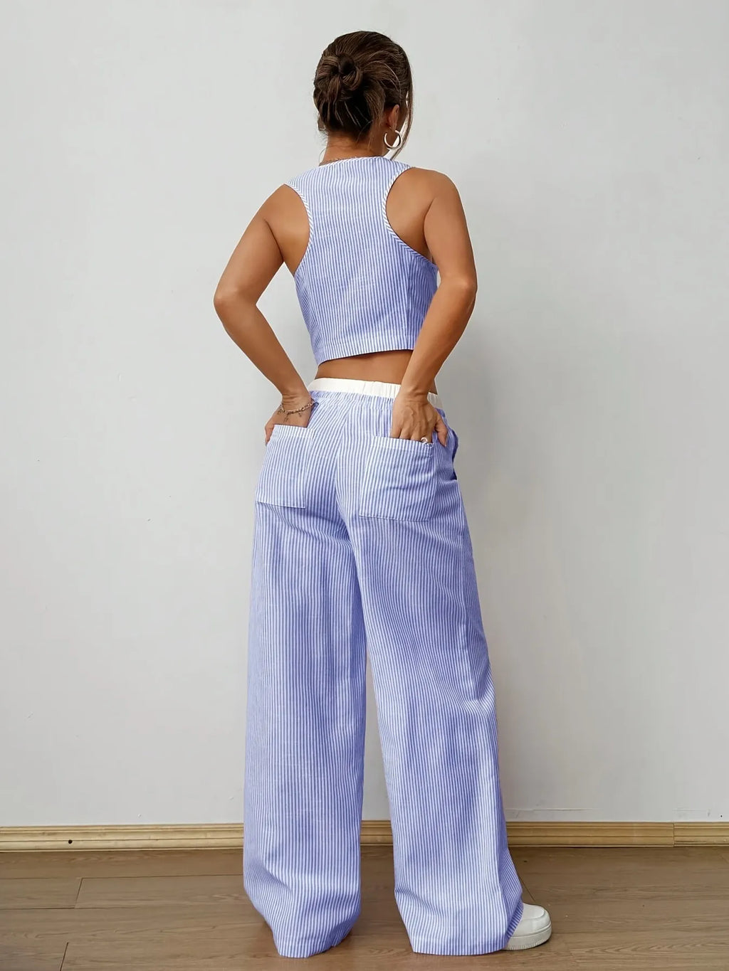 Striped Vest Top and Wide Leg Pants Two-Piece Set.