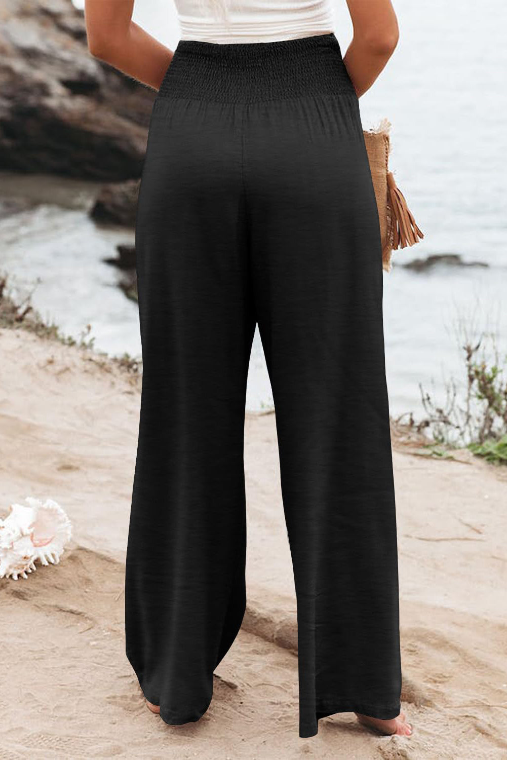 Black Shirred High Waist Plus Size Wide Leg Pants Dear-Lover Dropshipping