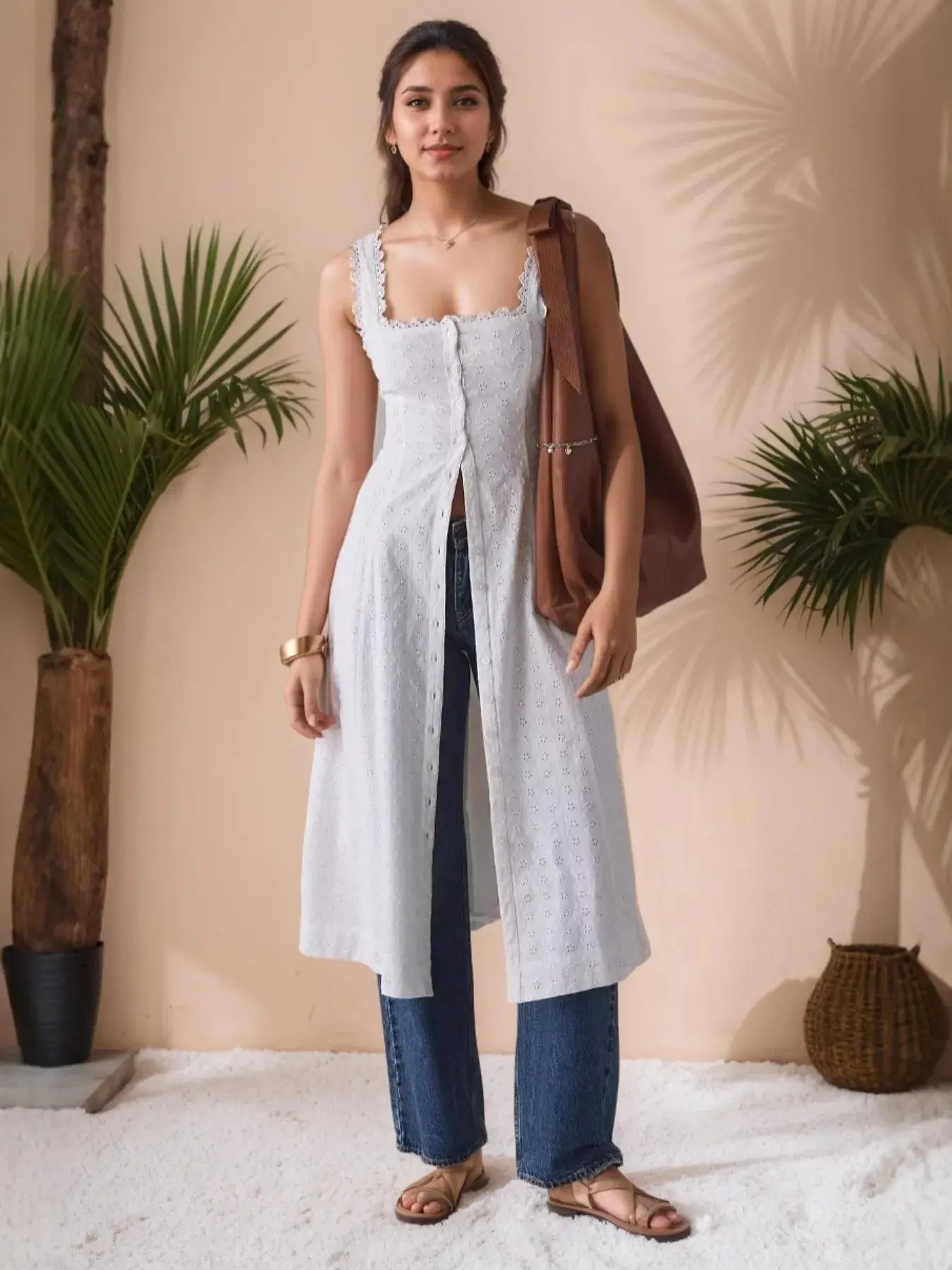 Lace Trim Button Front Square Neck Midi Dress.