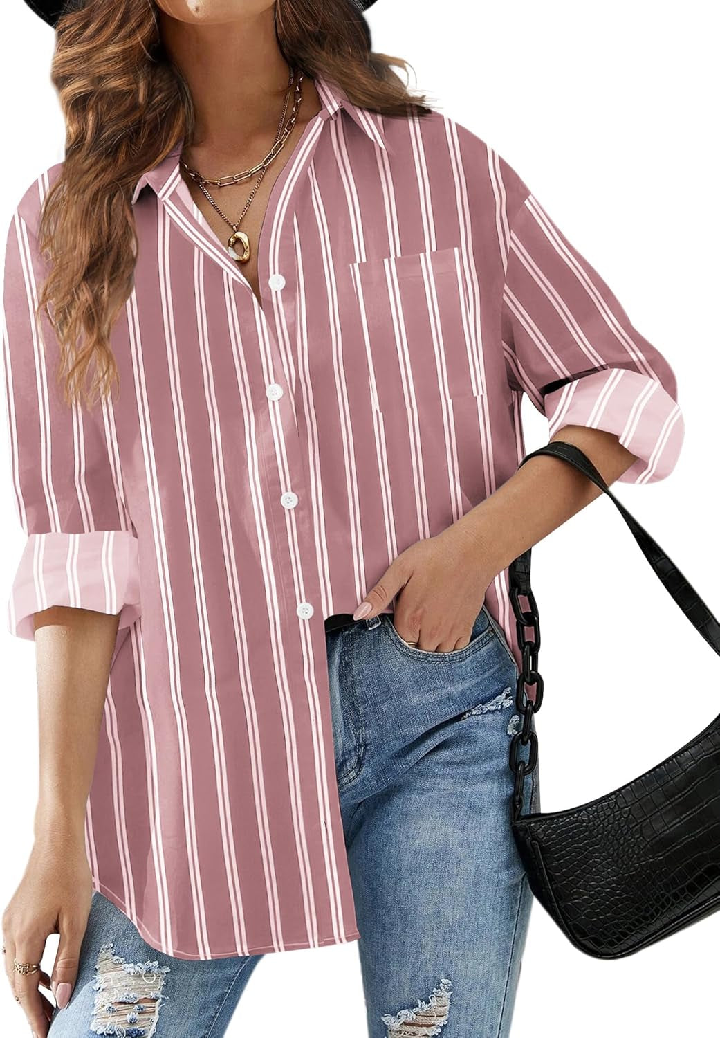 HOTOUCH Women Button down Striped Shirts Drop Shoulder Blouse Long Sleeve Oversized Shirt with Pocket