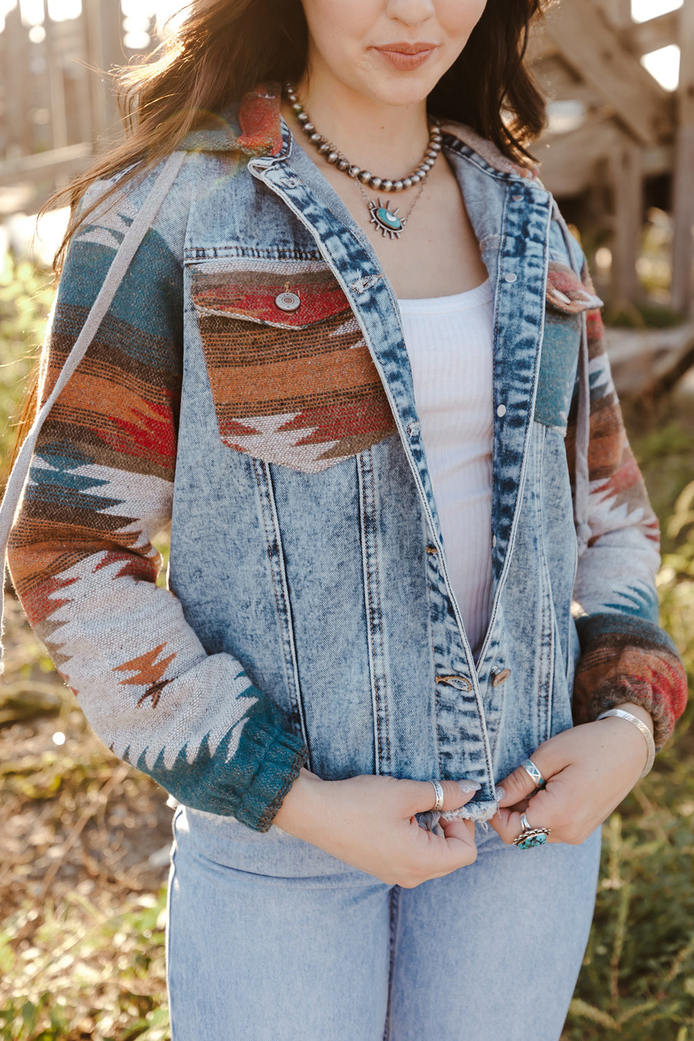 Multicolor Aztec Print Frayed Hem Denim Jacket Dear-Lover Dropshipping