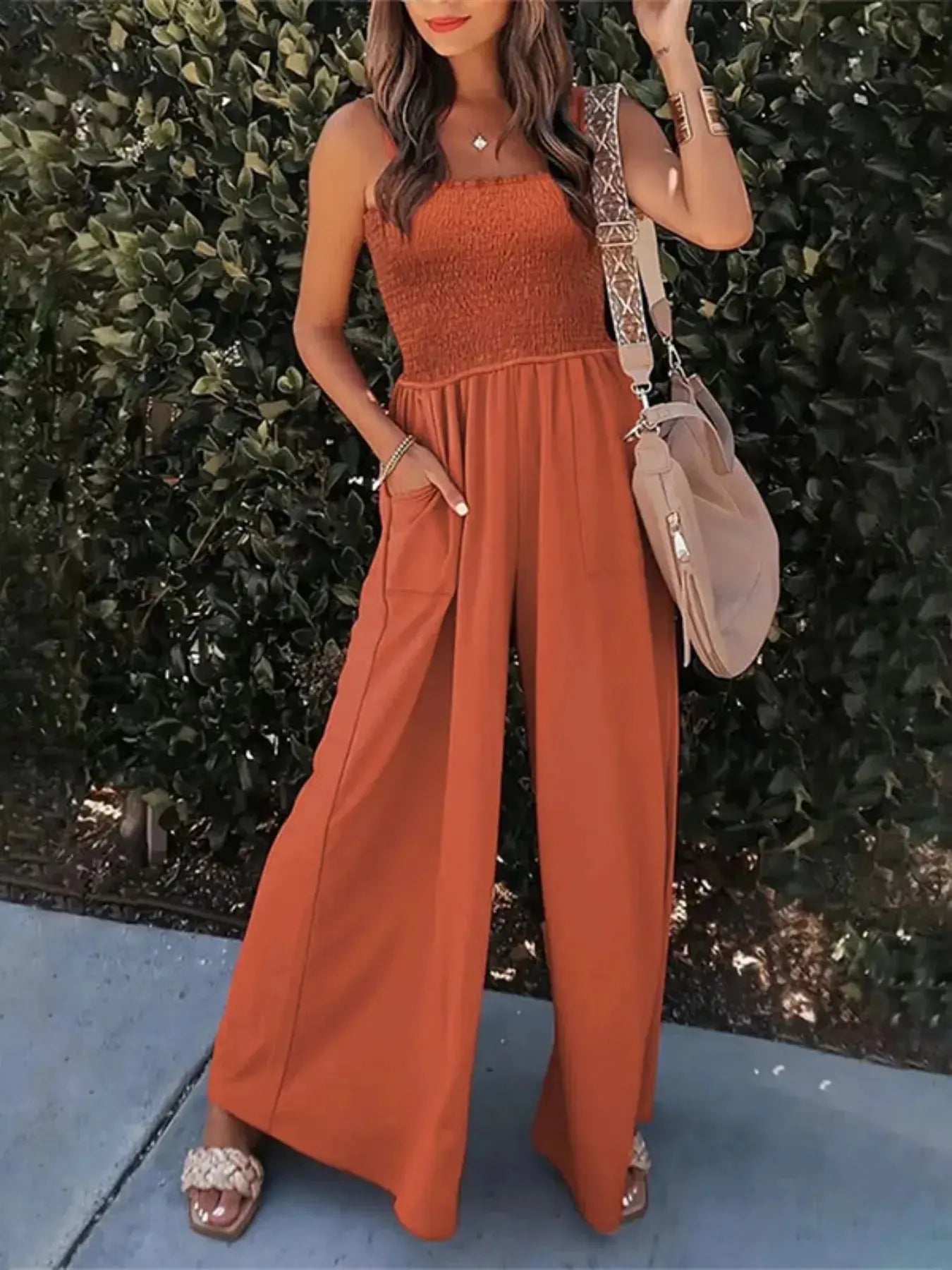 Smocked Wide Leg Jumpsuit.