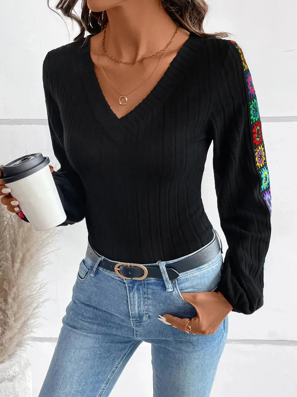 V-Neck Crochet Long Sleeve Top.