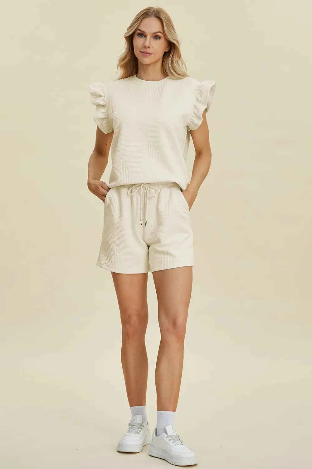 Round Neck Ruffle Sleeve Top and Shorts Set