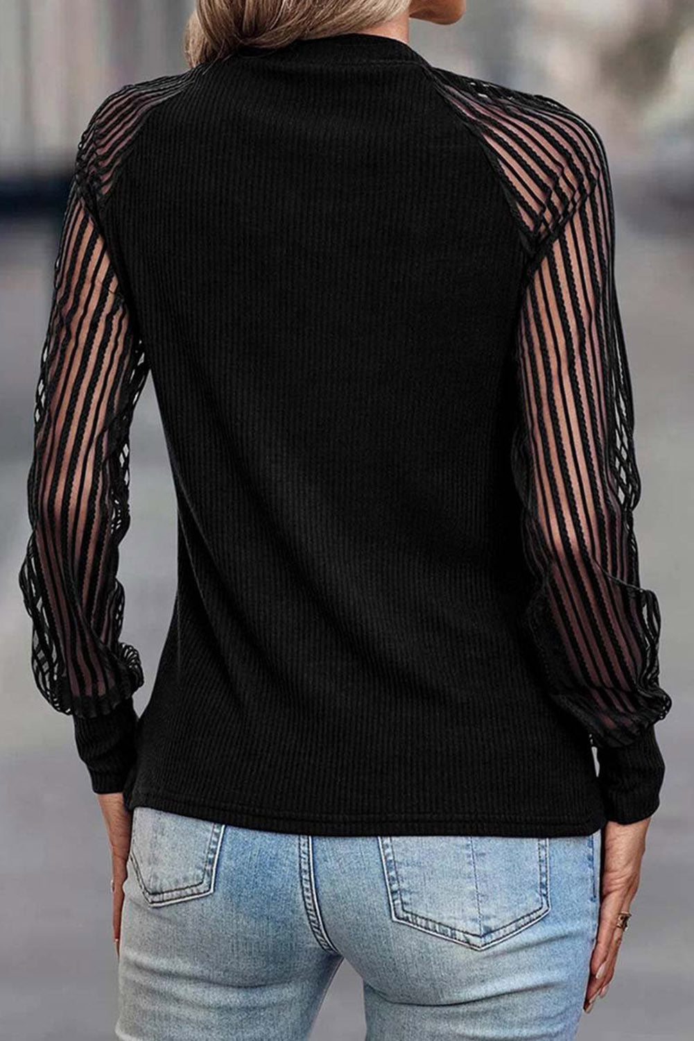 Black Striped Mesh Long Sleeve Crewneck Ribbed Top Dear-Lover Dropshipping
