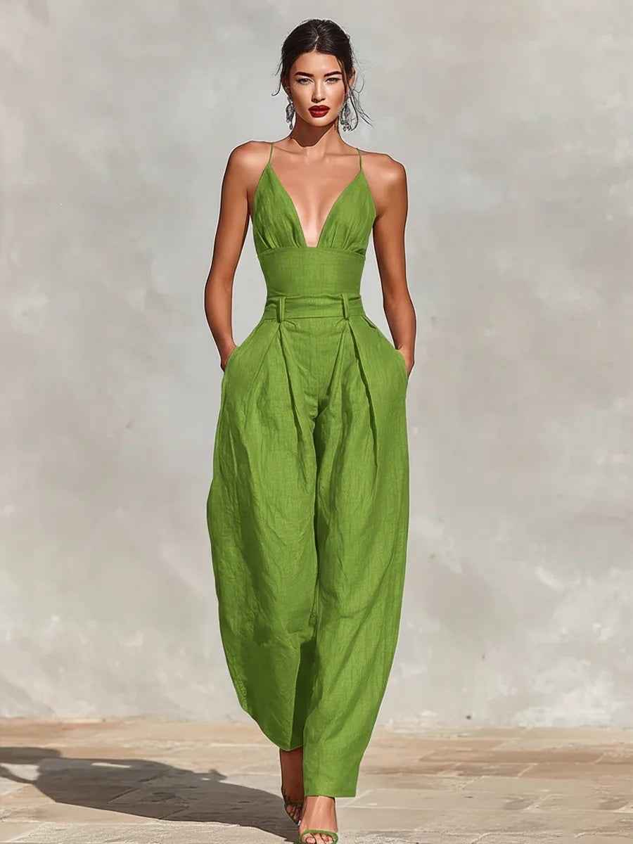 Linen Straight-leg Sleeveless Crew-neck Minimalist Elegant Jumpsuit