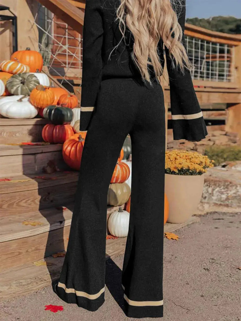 Perfee V-Neck Long Sleeve Top and Pants Set.