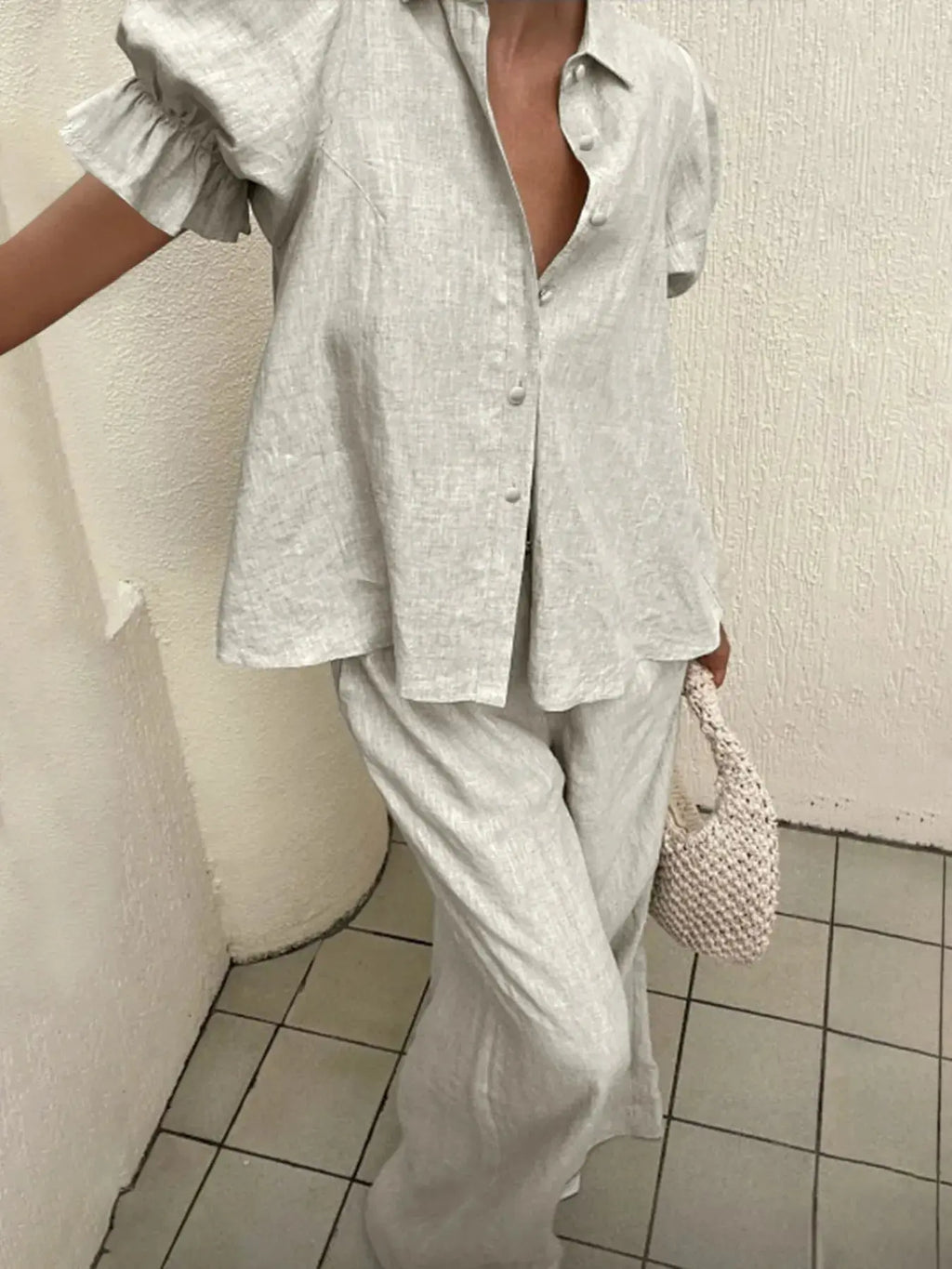 Plus Size Button-Down Shirt and Wide-Leg Pants Set.