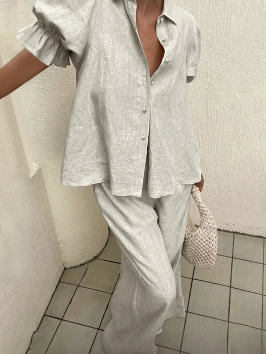 Plus Size Button-Down Shirt and Wide-Leg Pants Set - CHIC TB