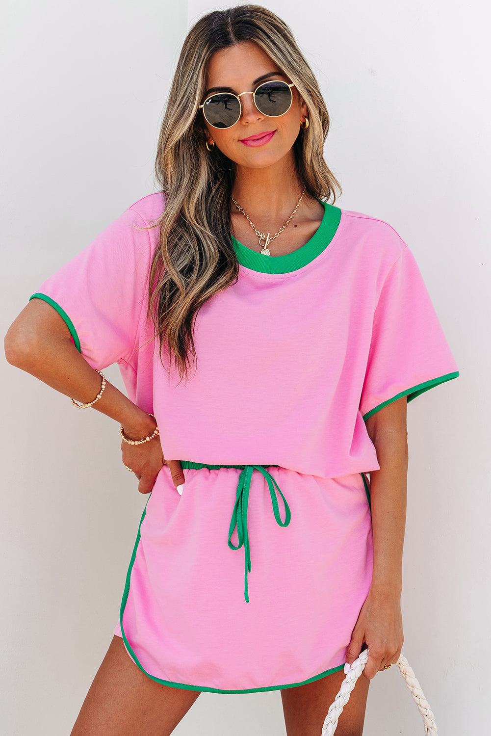 Bonbon Colorblock Edge Drop Shoulder T Shirt and Skort 2Pcs Set Dear-Lover Dropshipping