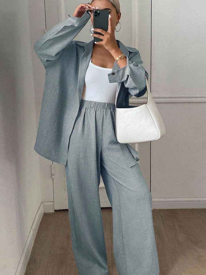 Womens Solid-Color Casual Loose Cotton-Linen Long-Sleeve Shirt And Pants Set
