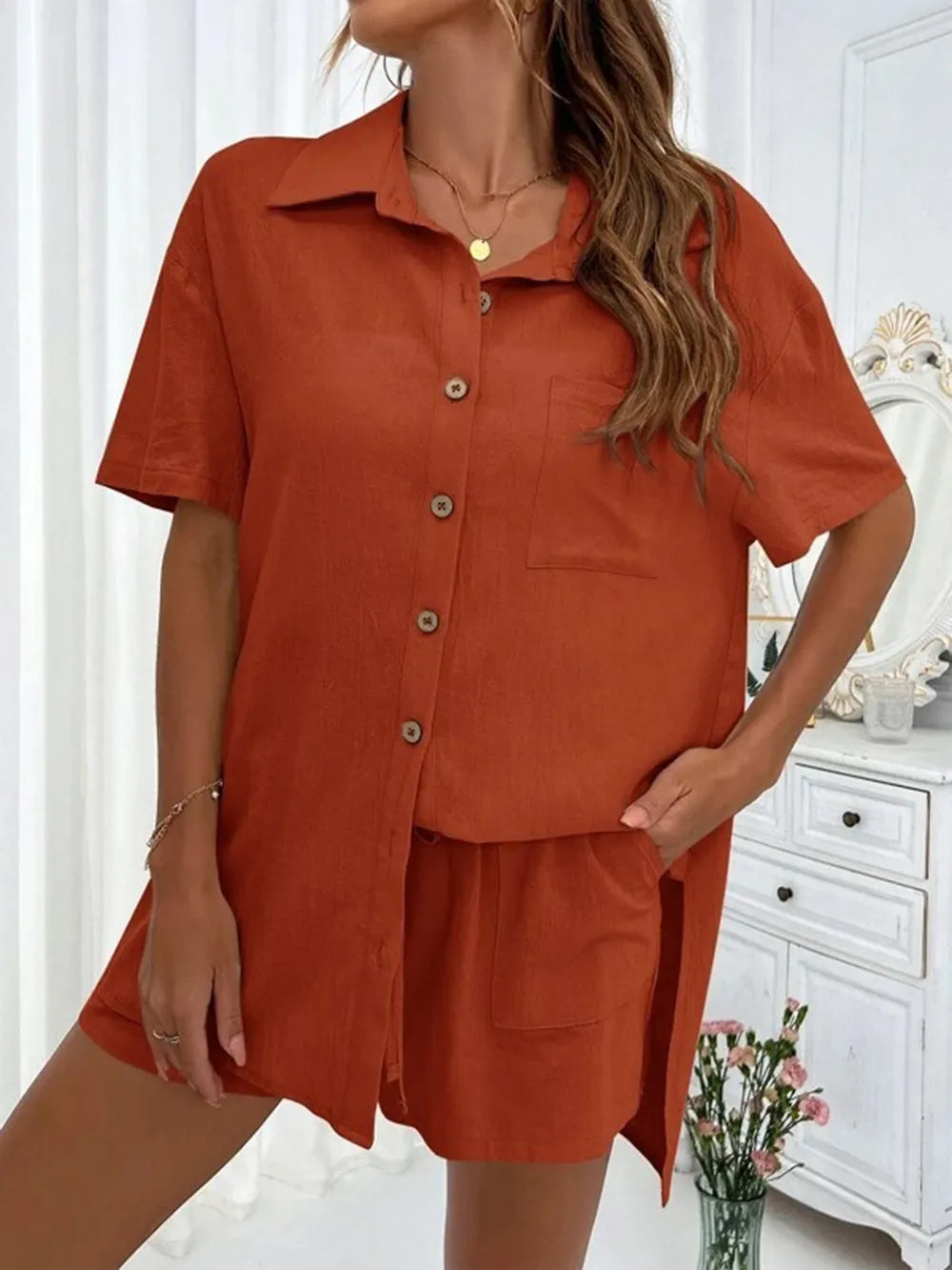 Button Up Shirt and Drawstring Shorts Set - CHIC TB
