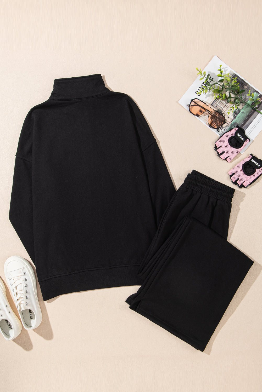 Black Zipper Stand Neck Top and Wide Leg Pants Set Dear-Lover Dropshipping