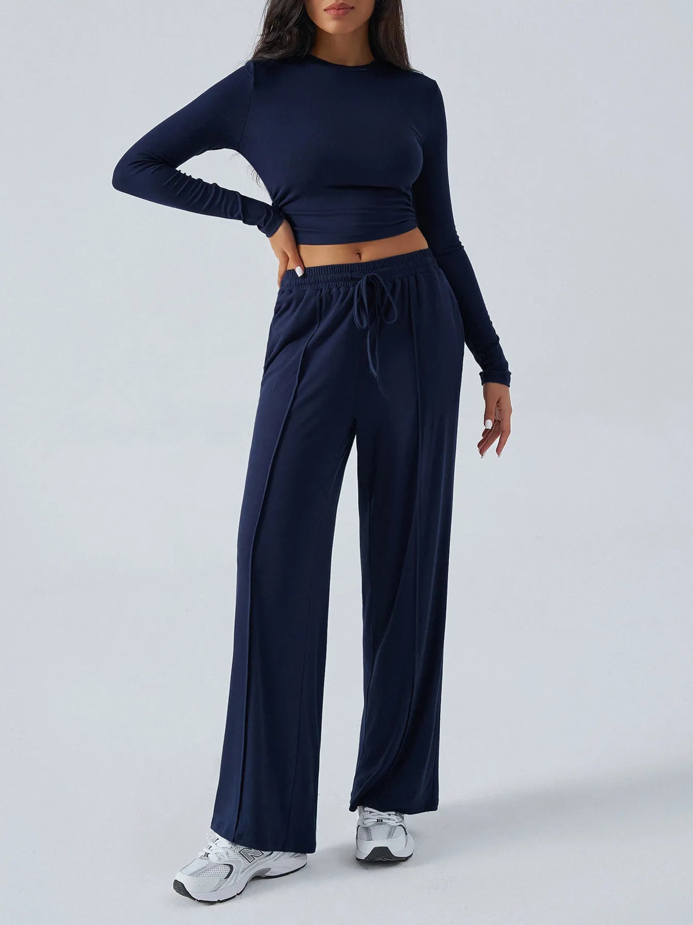 Round Neck Long Sleeve Top and Pants Set.