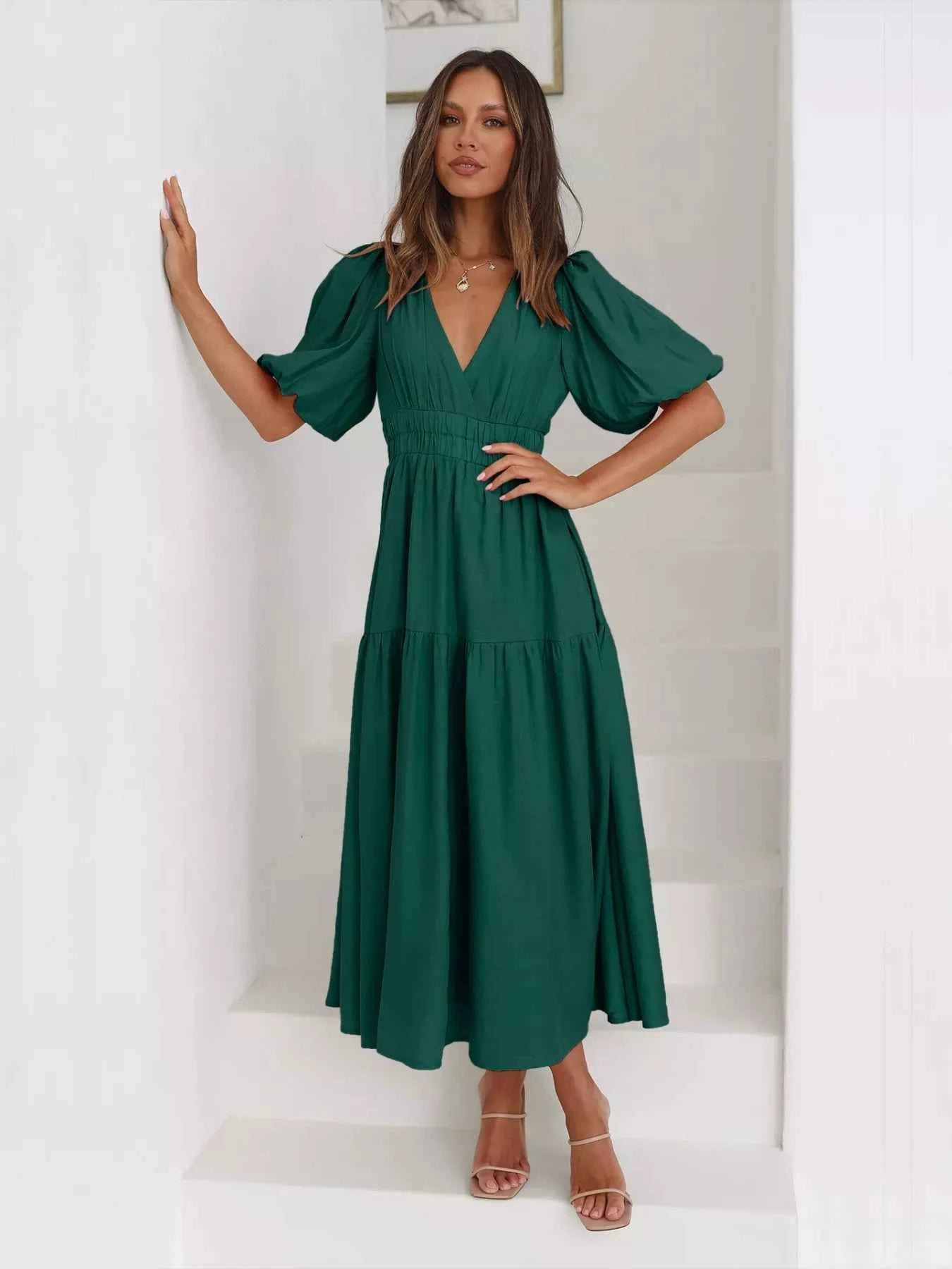 Tiered Puff Sleeve Midi Dress