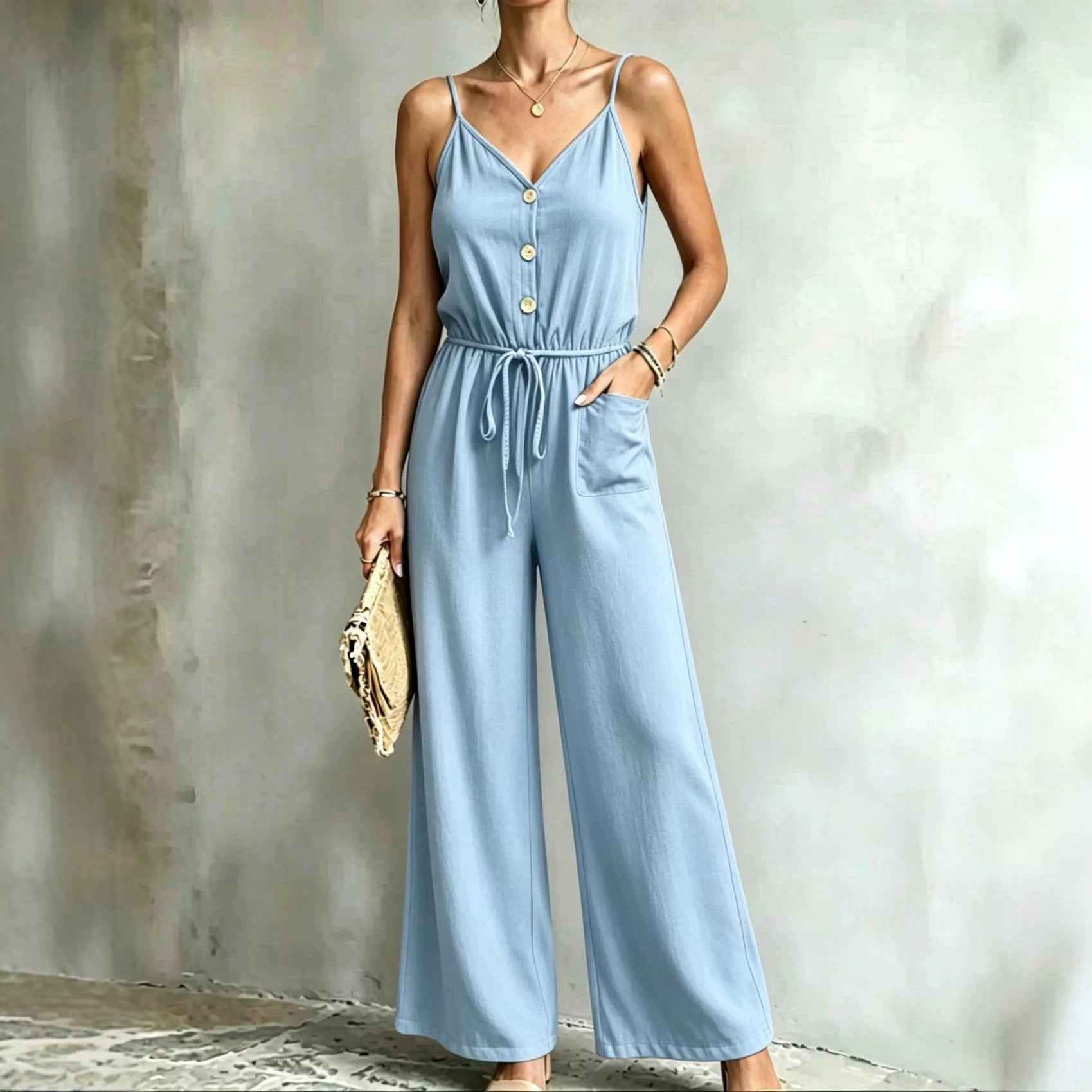 Womens Solid-color Casual Belted Strap Jumpsuit