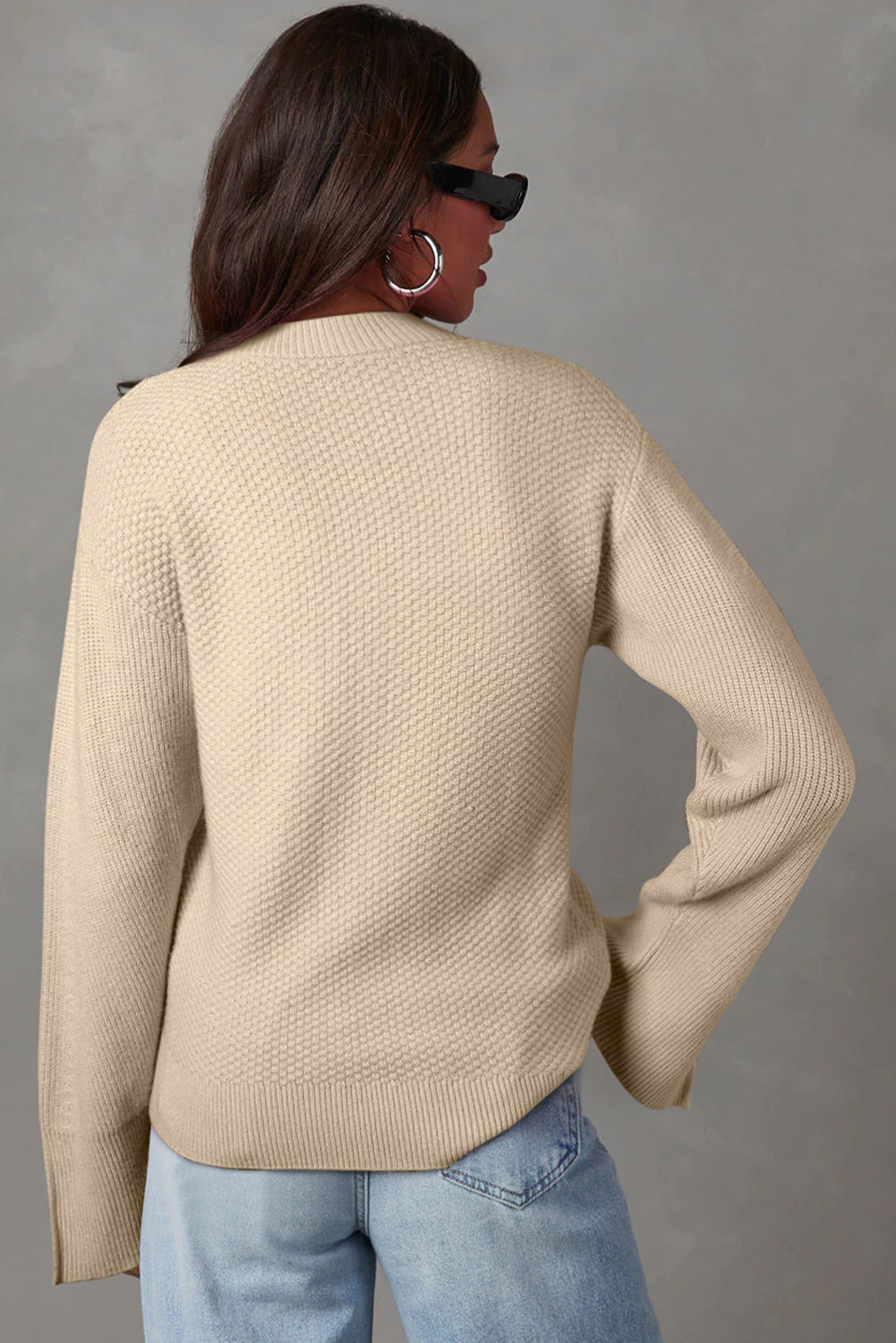 Parchment Solid Textured Knit Split Cuff Drop Shoulder Loose Sweater Dear-Lover Dropshipping