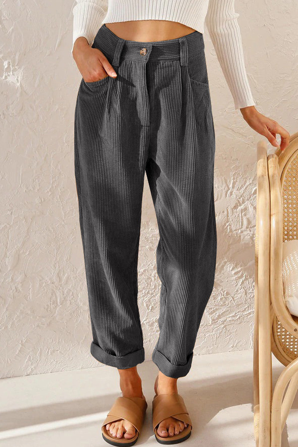 Gray Corduroy High Waist Straight Leg Pants Dear-Lover Dropshipping