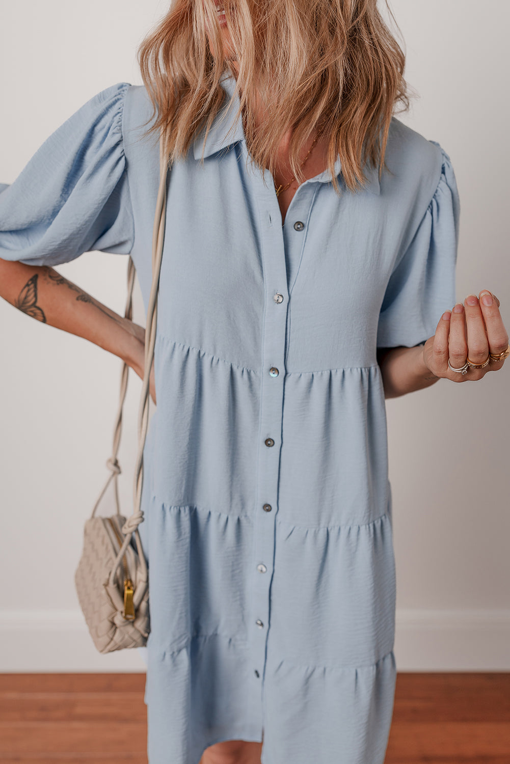 Beau Blue Shirt Collar Button Up Short Puff Sleeve Tiered Shift Dress Dear-Lover Dropshipping