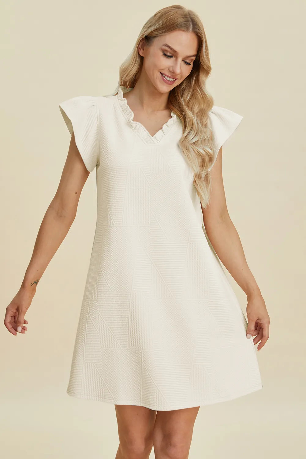 Double Take Full Size Ruffled V-Neck Cap women Sleeve Dress.
