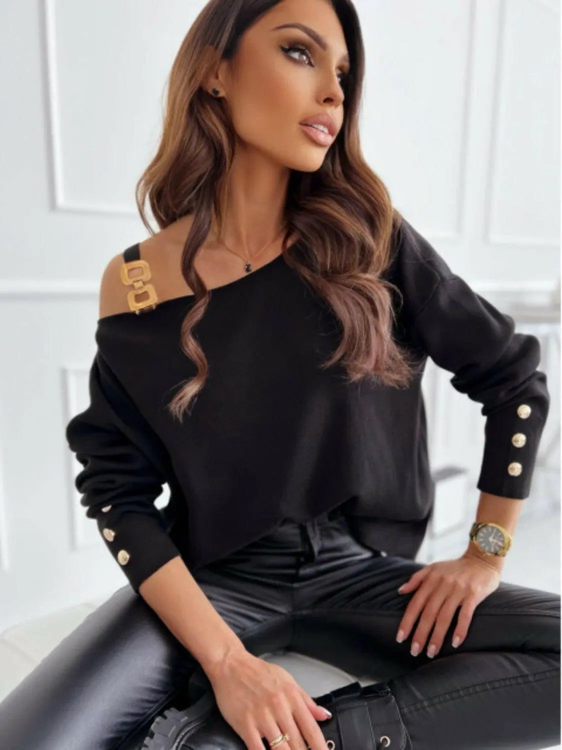 Asymmetrical Neck Buttoned Top.