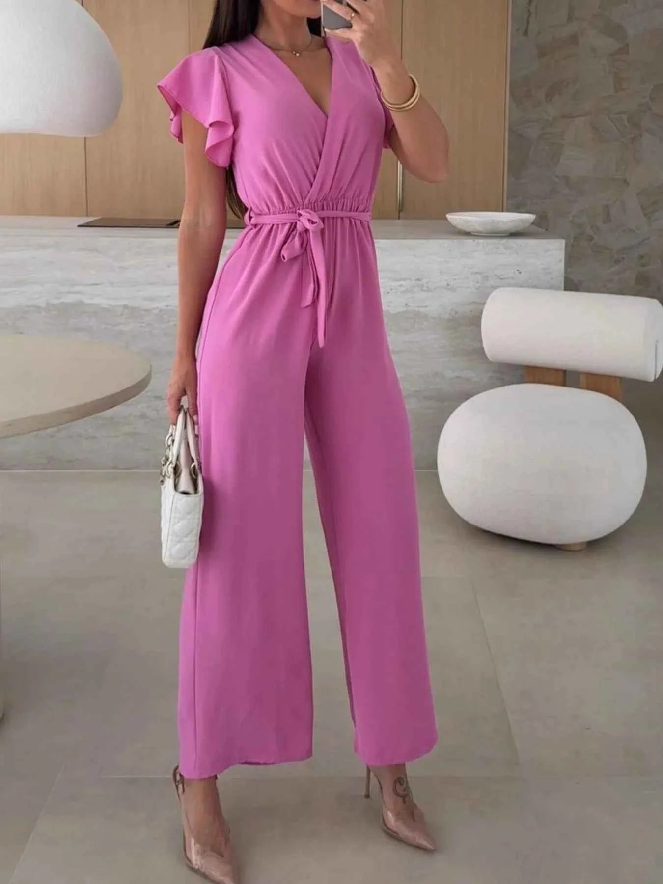 Surplice Wide Leg Belted Jumpsuit
