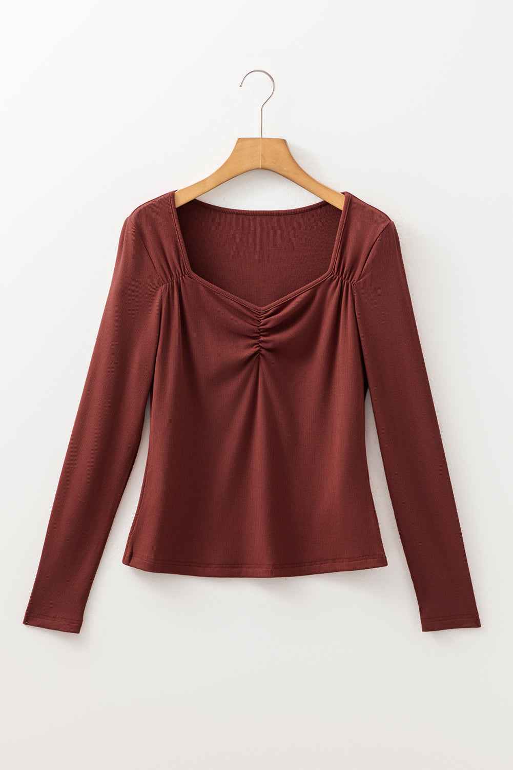 Burgundy Gathered Bust Square Neck Ribbed Fit Long Sleeve Top