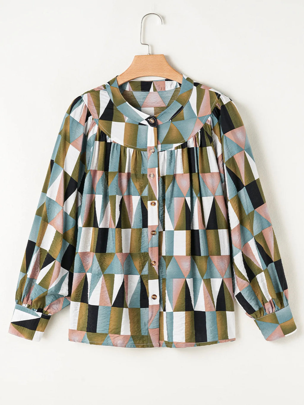 Geometric Print Buttoned Balloon Sleeve Loose Fit Shirt.