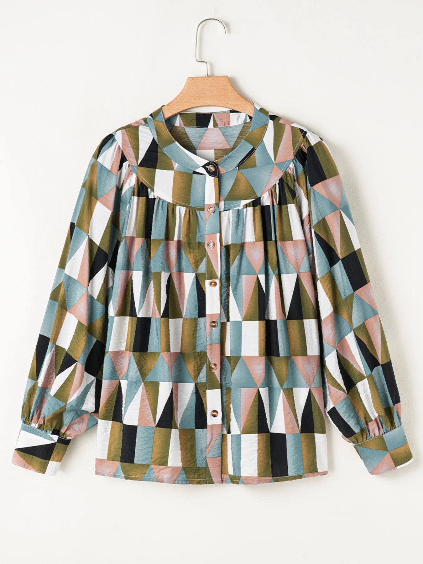 Geometric Print Buttoned Balloon Sleeve Loose Fit Shirt.