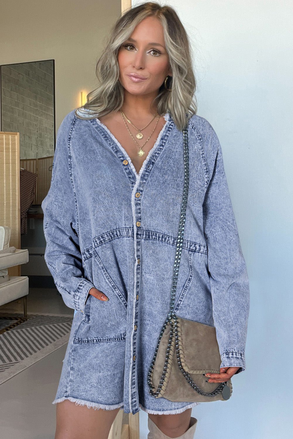 Beau Blue Mineral Wash Long Sleeve Button Up Raw Hem Pocketed Denim Dress Dear-Lover Dropshipping