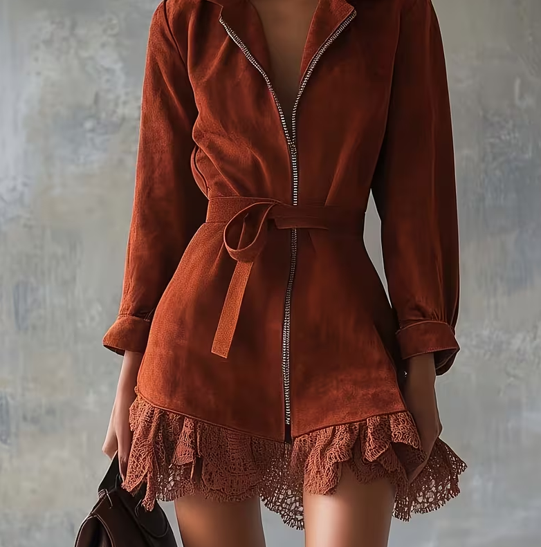 Lace-paneled Waist-cinching Zippered Denim Dress
