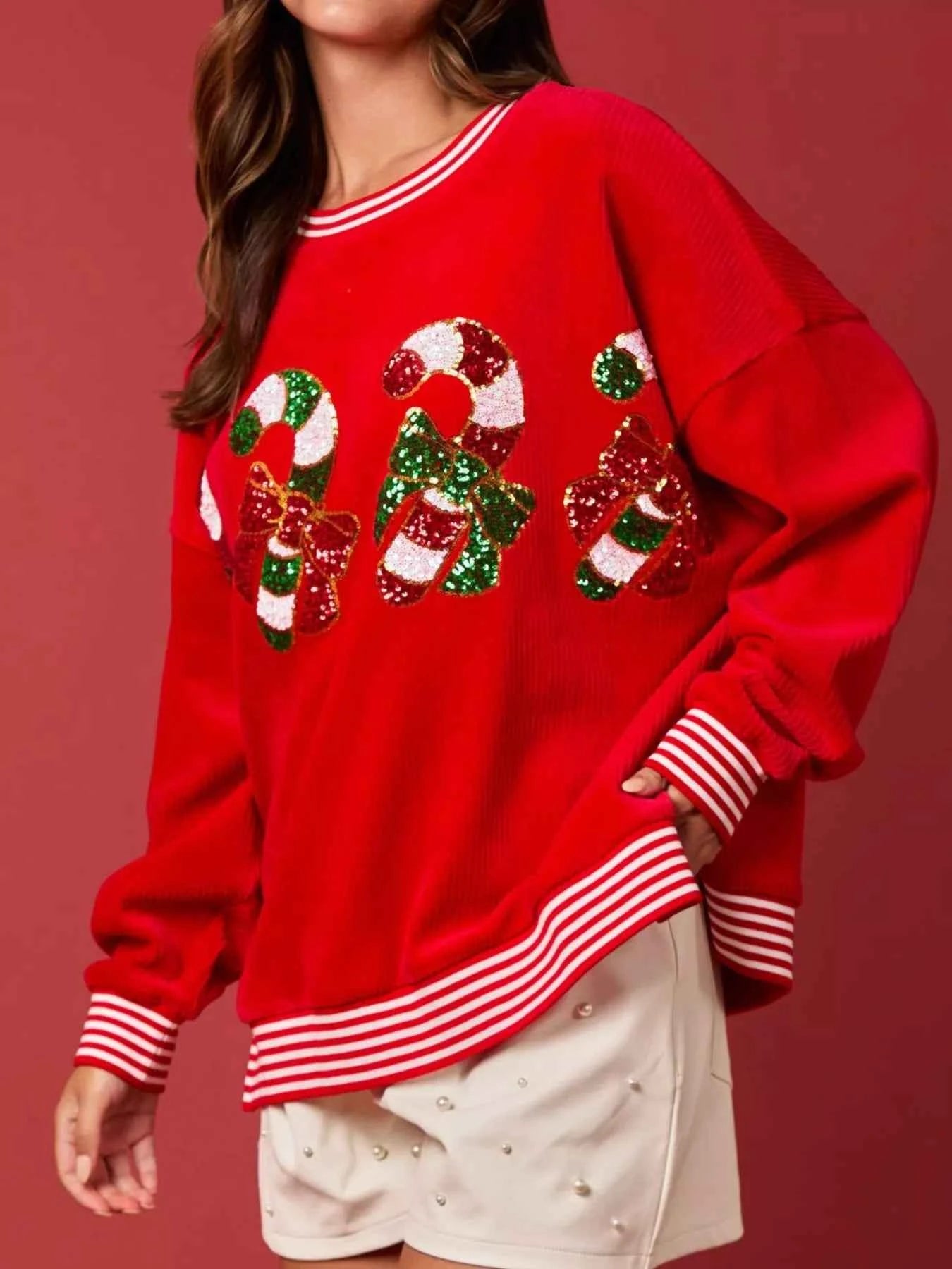 Christmas Sequin Candy Cane and Santa Sweatshirt with Striped Hem