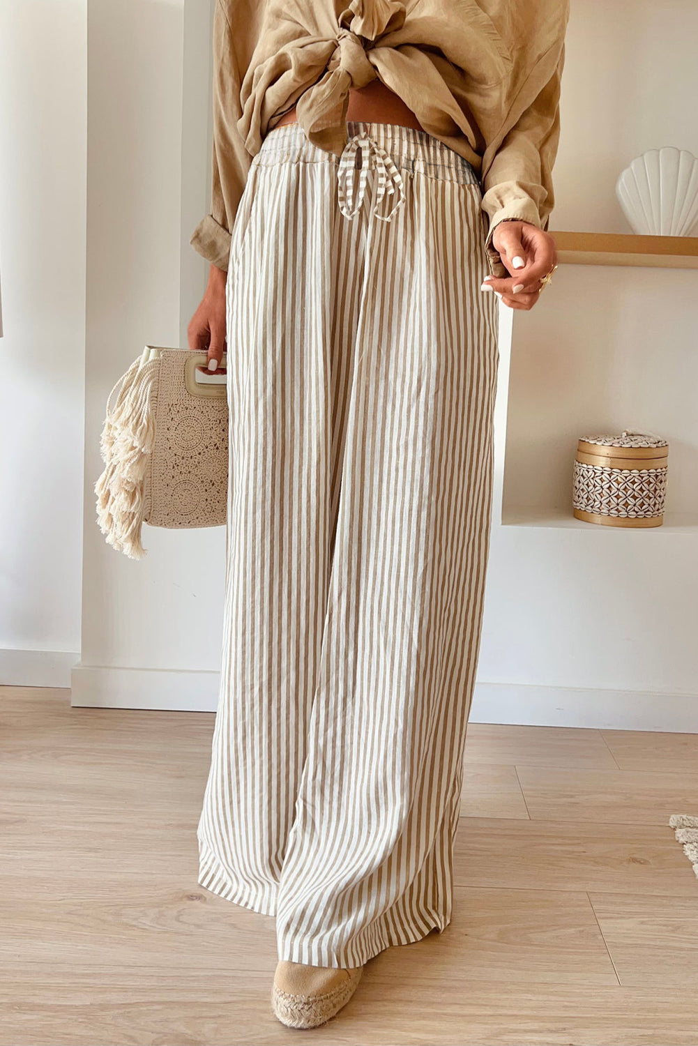 Khaki Stripe Print Wide Leg Drawstring Elastic Waistband Pants Dear-Lover Dropshipping