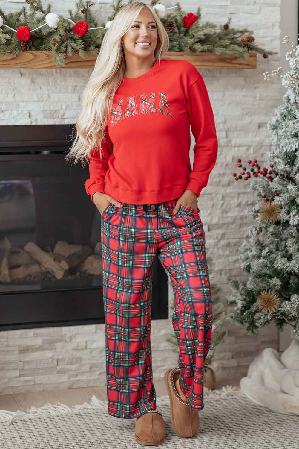 Red Plaid Mama Graphic Christmas Holiday Crewneck Pullover and Pants Two Piece Lounge Set