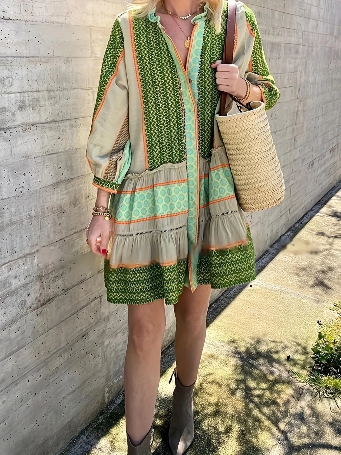 Printed Button Front Long Sleeve Dress.