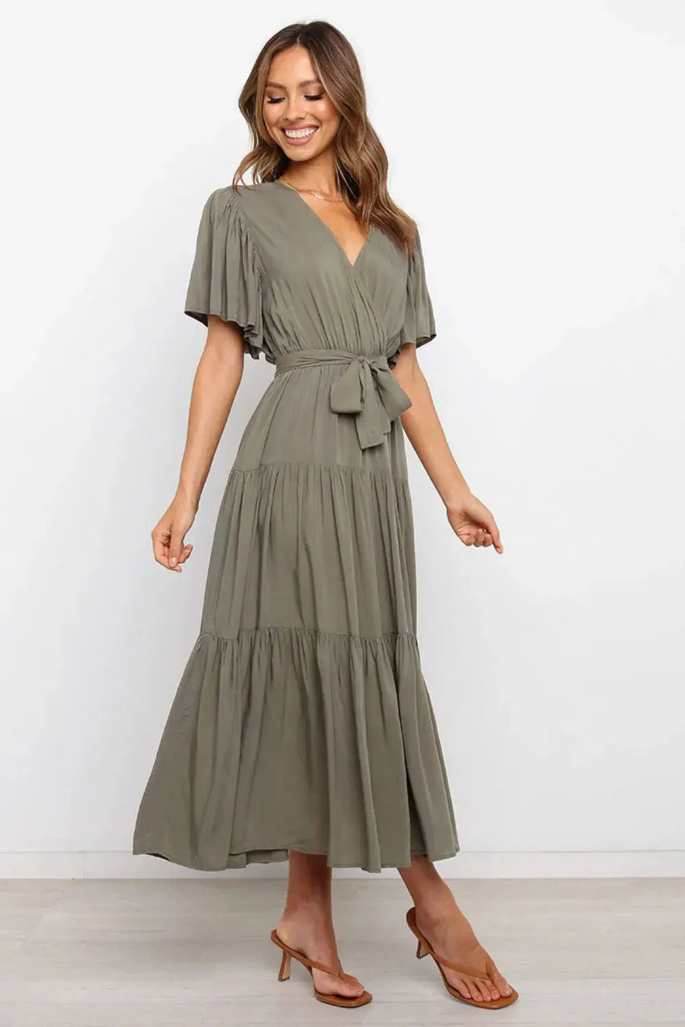 Tied Tiered Short Sleeve Midi Dress.