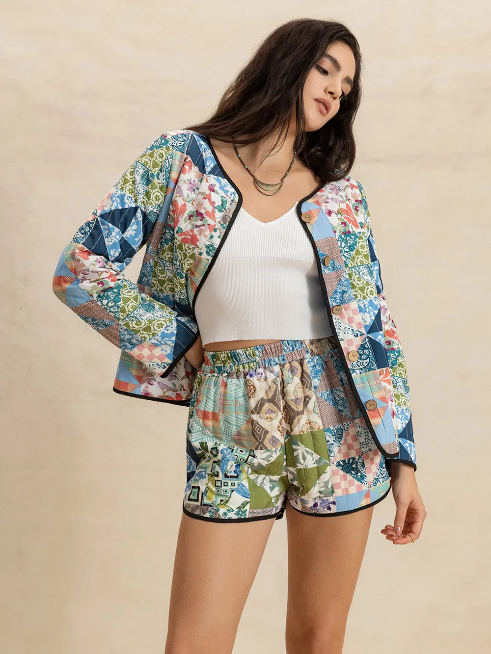 Button Up Long Sleeve Outerwear and Shorts Set - CHIC TB