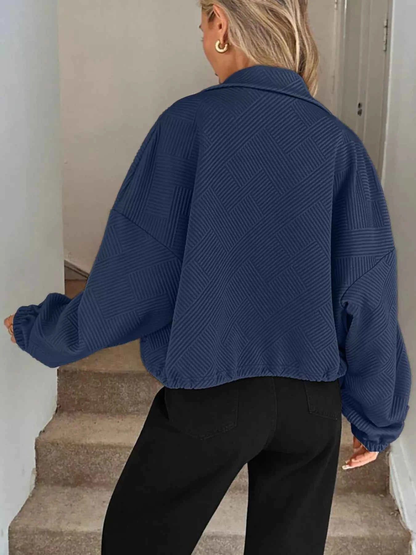 Drawstring Hem Textured Long Sleeve Jacket