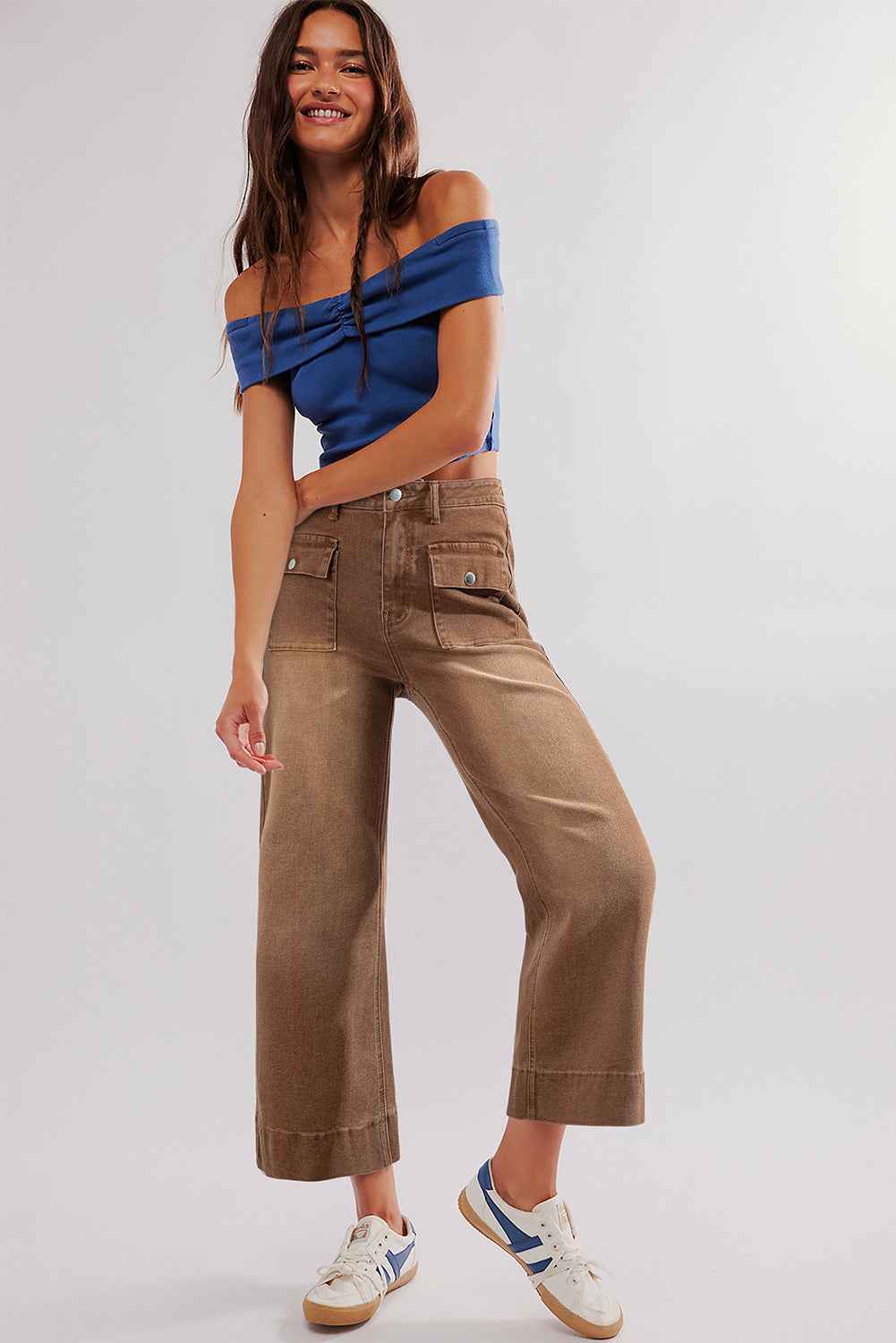 Brown Flap Pockets Front Straight Cropped Jeans