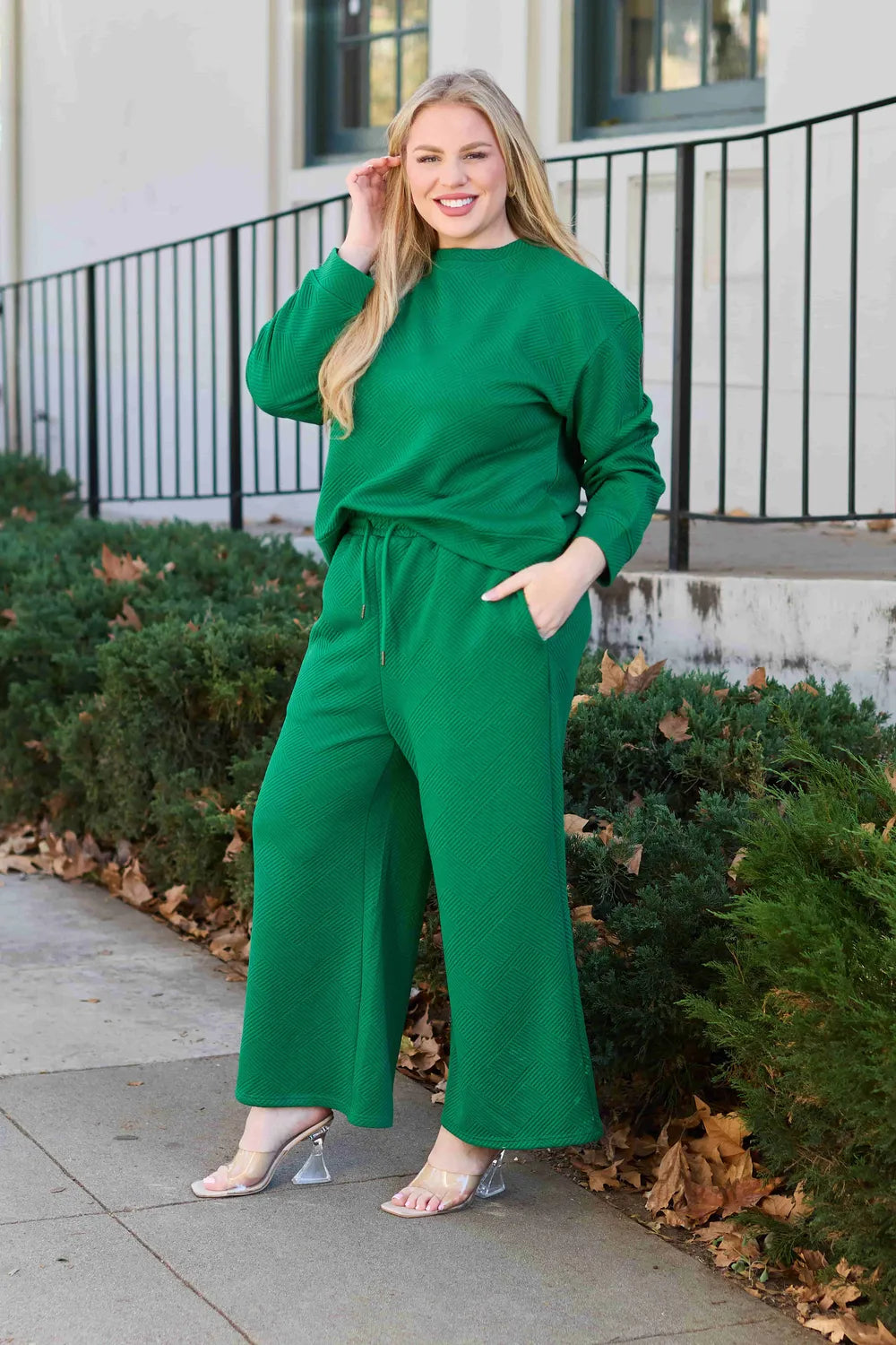 Double Take Full Size Textured Long Sleeve Top and Drawstring Pants Set.