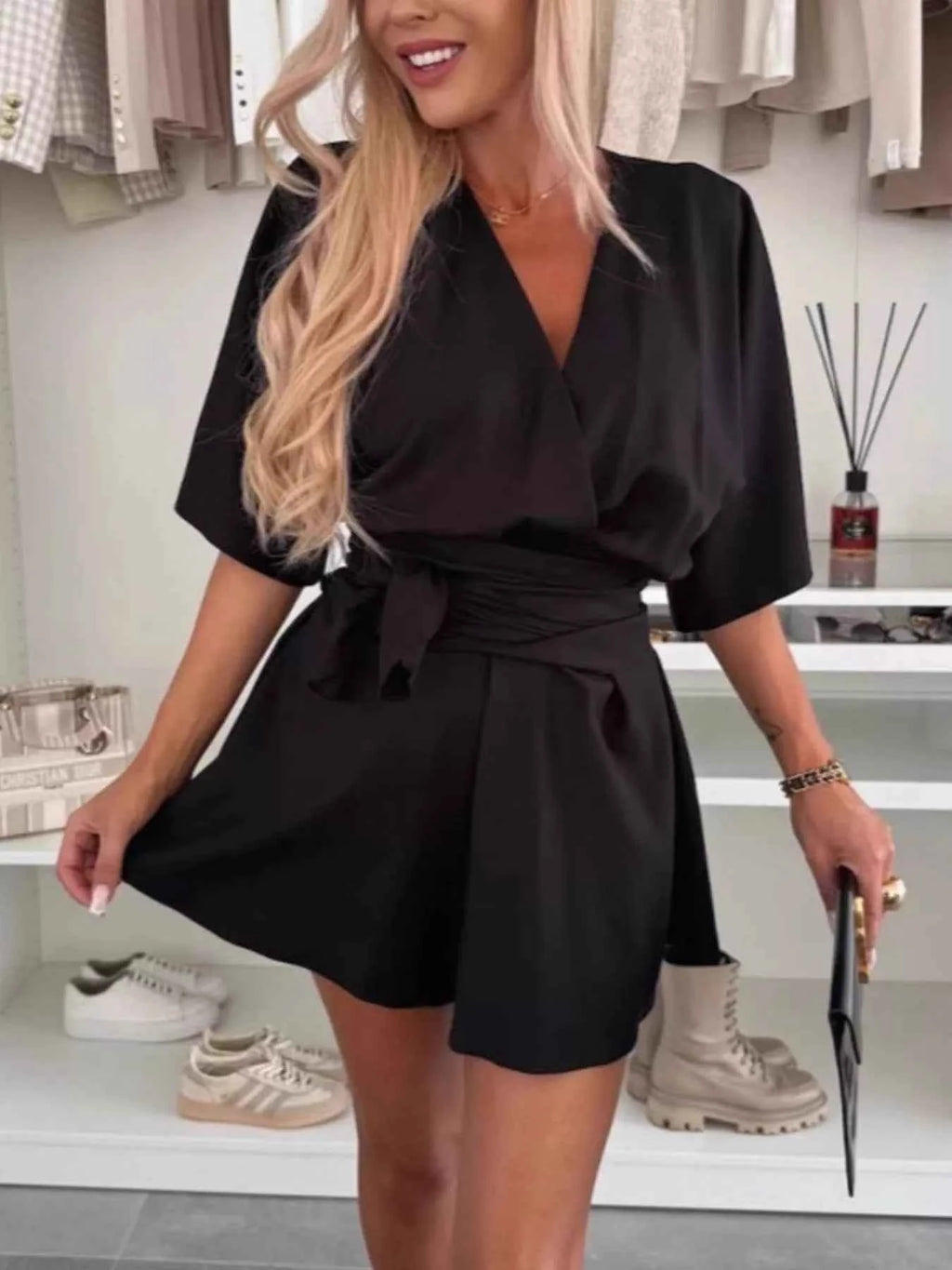 Full Size Surplice Tie Waist Romper Plus Size.