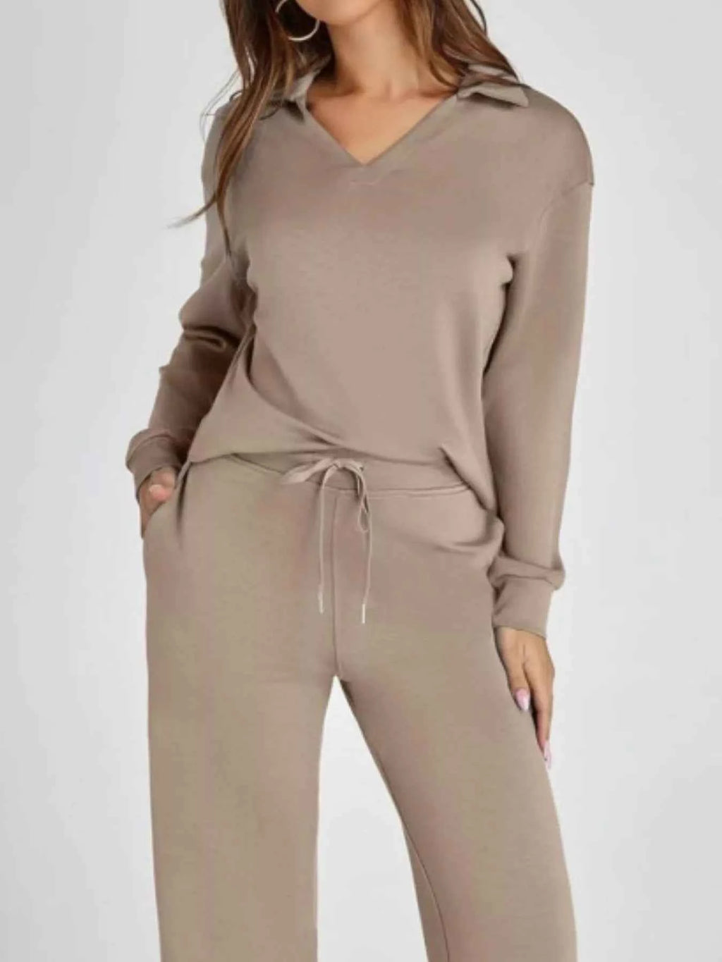 Full Size Johnny Collar Long Sleeve Top and Pants Plus Size