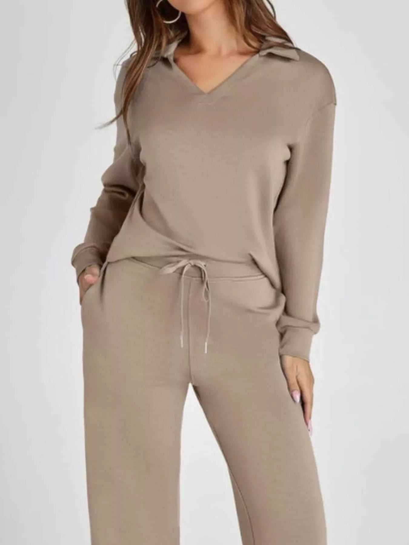 Full Size Johnny Collar Long Sleeve Top and Pants Plus Size