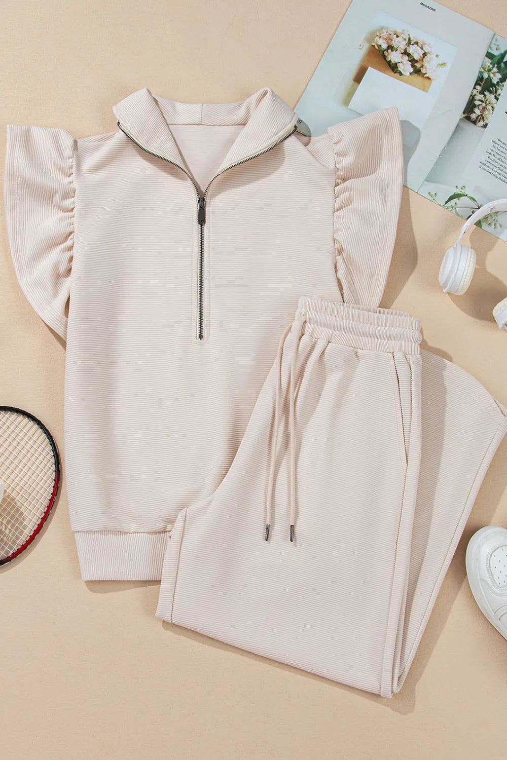 Ruffled Sleeve Zipped Top and Wide Leg Pants Set.