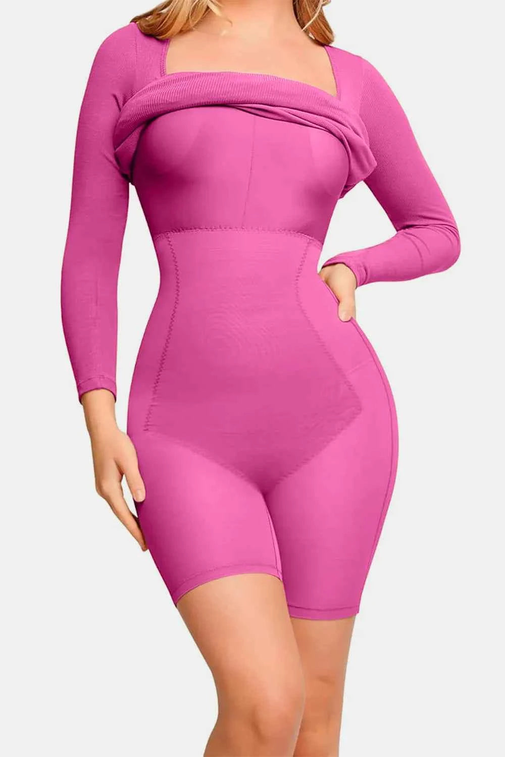 Basic Bae Full Size Built-In Shapewear Square Neck Long Sleeve Dress.