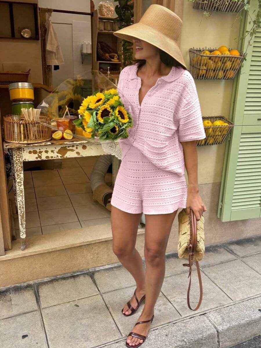 Short-sleeved Solid-color Knitted Cardigan And Shorts 2-piece Set