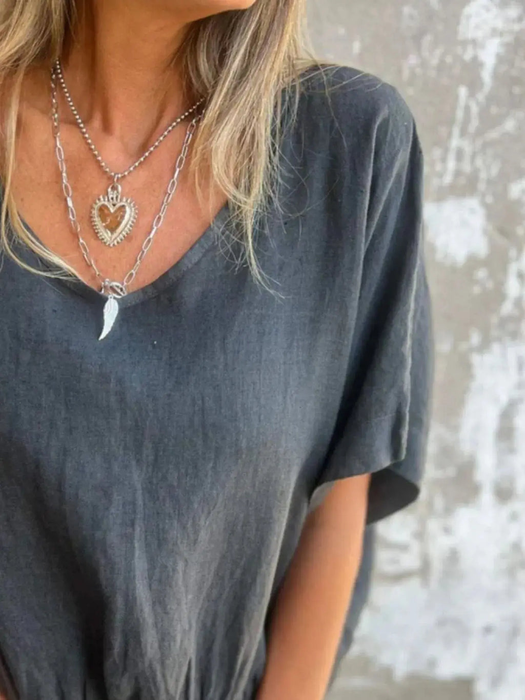 Full Size Smocked Hem V-Neck Relaxed Fit T-Shirt Plus Size.