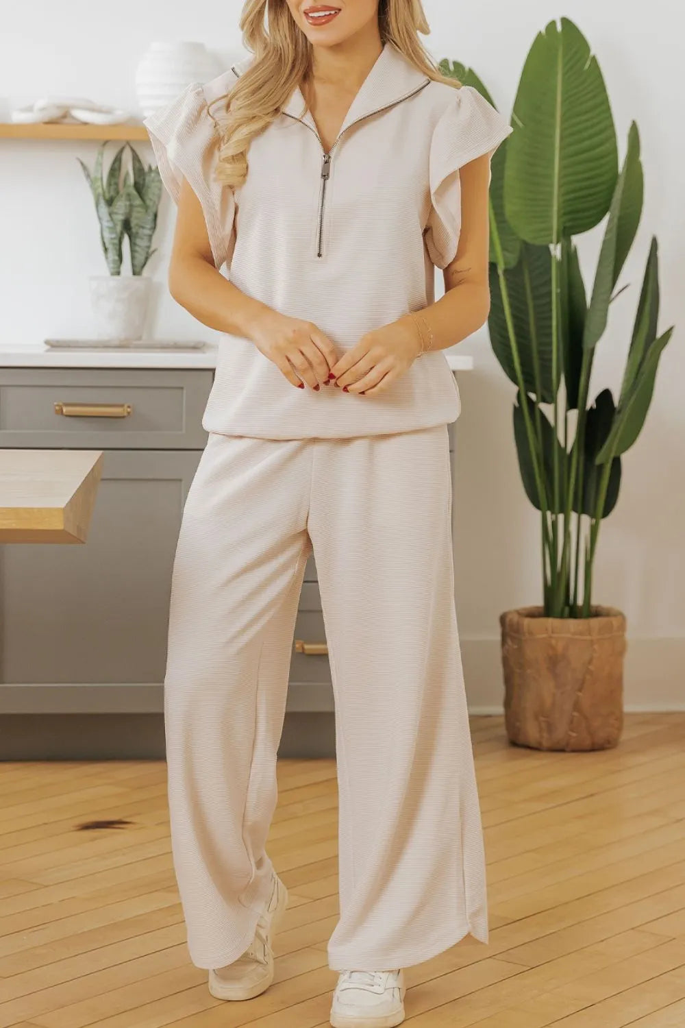 Ruffled Sleeve Zipped Top and Wide Leg Pants Set.